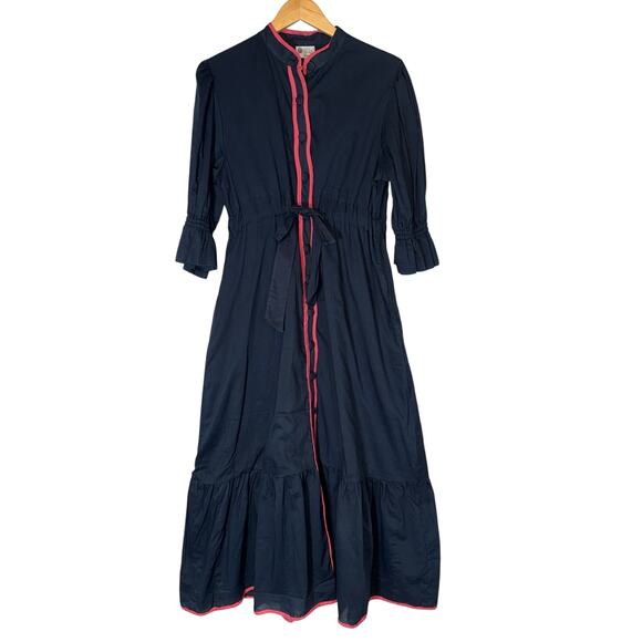 Holly Shae Catherine Woven Dress Navy Blue Pink Piping Maxi Dress Womens Large - Picture 2 of 12